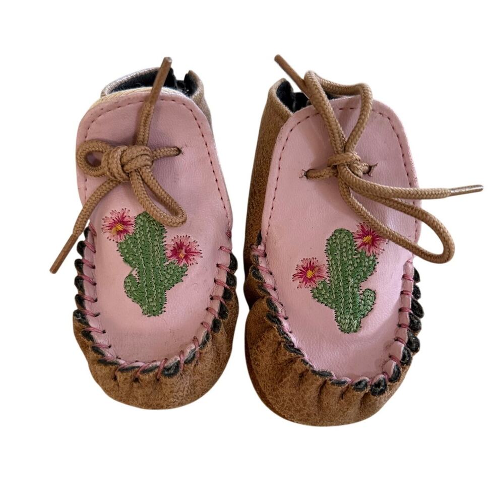 Old West Shyanne Infant Girl's Pink Brown Cactus Leather Moccasin Shoes